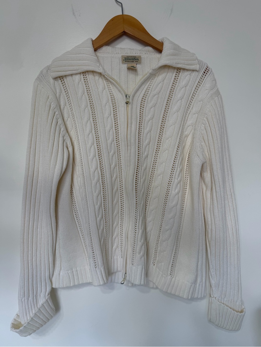 St. John's Bay Women's White Cable Knit Full Zip Collared Cardigan Sweater XL